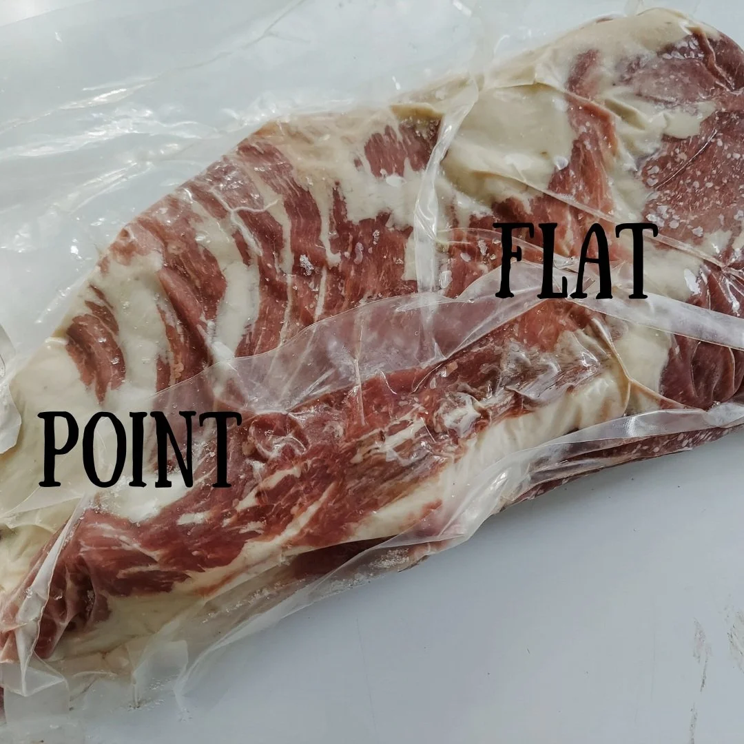 Strandquist Family Farm Beef Brisket before cooking. This is both the Flat and Point of the Brisket. Depending on how many pounds the brisket is, that will determine how long you cook it.